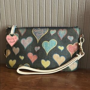 Dooney & Bourke Blue and Pink Heart Clutch 
8x4 1/2 inches